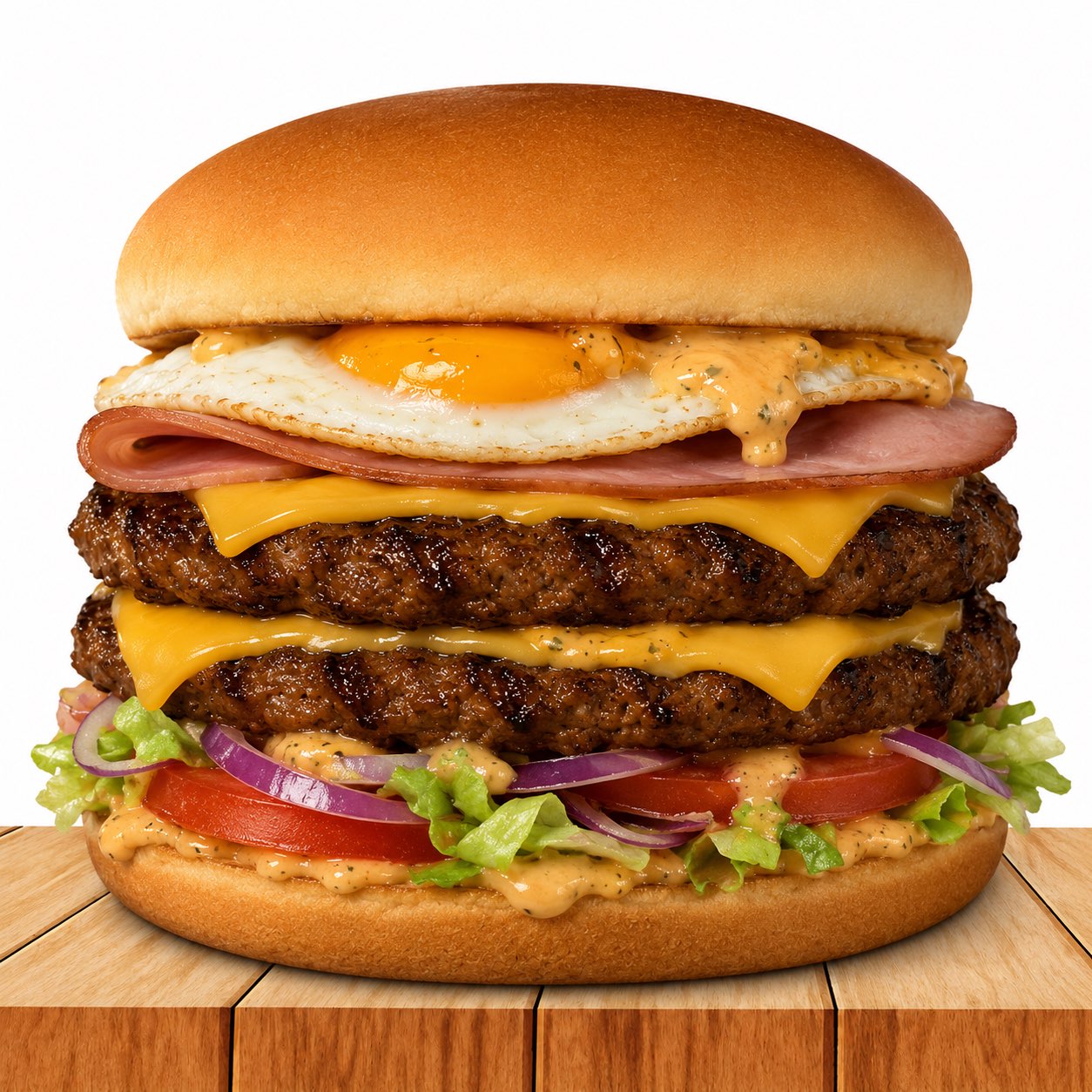 Burger complet double steak, bacon et œuf