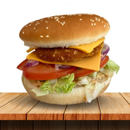Burger au poulet pané avec cheddar et crudités
